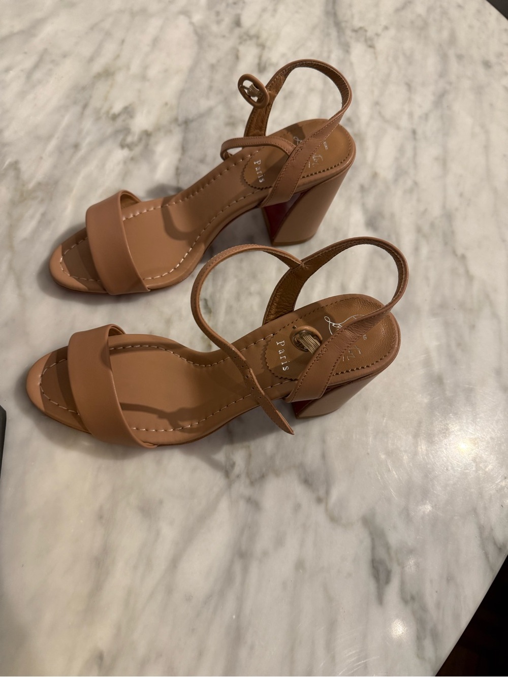 Christian Louboutin Nude/ beige Block Heel Sandals with Ankle Strap - Picture 3 of 8